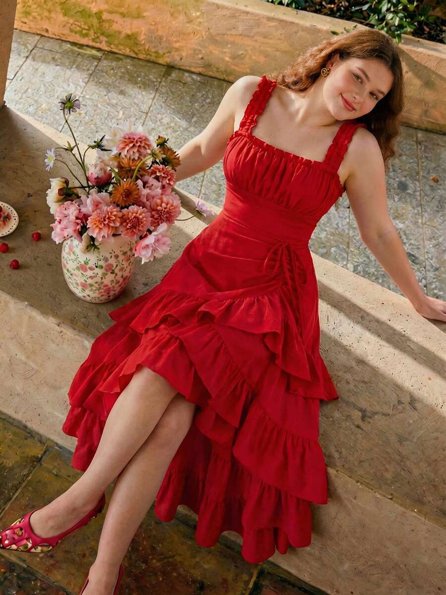 SHEIN MOD 大码杏色浪漫多层复古宫廷风荷叶边下摆女式连衣裙 - 紅色 - 查看 1