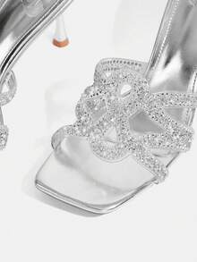 CUCCOO TILAWA Women Shoes Square Toe Slender Heel Silver Transparent Film Hollow Rhinestones Sexy Fashion Elegant Gorgeous Women's High Heel Sandals Slippers With Skirts Daily Versatile Banquet Party Women's Sandals - Silver - View 9