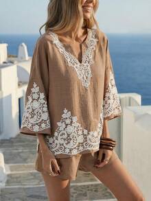 Breezaya Summer Bohemian Beach Vacation Lace Trim Casual Elegant 2 Pieces Set For Women - Khaki - View 2