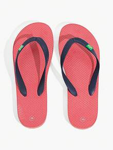 Grefit Tongs de plage à fond plat avec imprimé assorti, convenant pour le port intérieur et extérieur, tongs de plage légères et confortables, antidérapantes, convenant pour la marche extérieure, le style de rue, tongs à fond plat multifonctionnelles, convenant pour le port intérieur et extérieur, style tropical en saison des vacances, design de couleur unie, convenant pour le printemps et l'été, saison de la rentrée scolaire - Rouge corail avec bleu marine - Voir 5