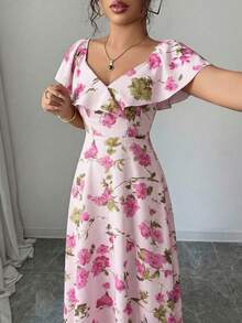 Elenzga Ruffled Waist A-Line Ditsy Floral Elegant French Style Dress - Pink - View 5