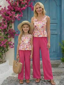 Emery Rose Kids Emery Rose Kids 2pcs Young Girl Ditsy Floral Camisole Top And Long Pants Set - Burgundy - View 7