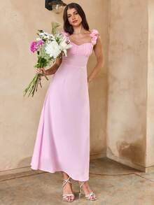 Enchnt 优雅雪纺连衣裙，饰有荷叶边和肩带，女士款 - 紫丁香色 - 查看 6