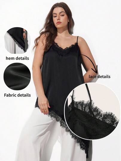 Maija 大码女式黑色缎面斜纹绸微弹面料舒适柔软吊带长款上衣，修身剪裁，蕾丝拼接装饰，不对称下摆设计，现代都市休闲商务时尚办公室着装，低调优雅气质，高品质机场时尚单品