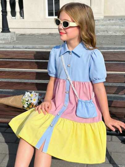 Vestido de manga corta con botones y dobladillo con volantes de color block para niña preadolescente