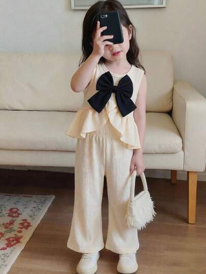 Genkimix Kids 两件套女童杏色荷叶边独特设计吊带背心和直筒裤，优雅夏季儿童舒适休闲套装