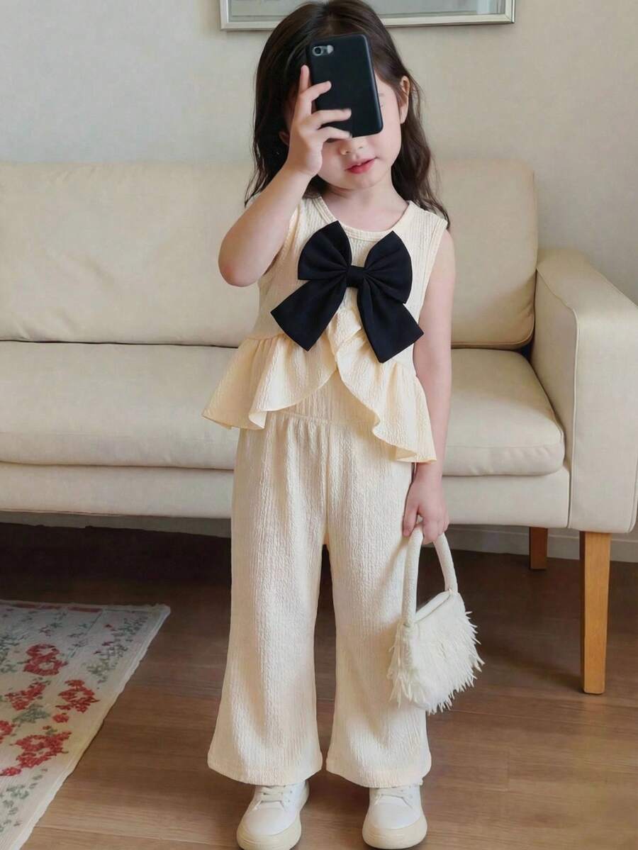 Genkimix Kids 两件套杏色荷叶边独特设计吊带背心和直筒裤,优雅夏季女婴舒适休闲套装,女婴奶油色套装,女婴阔腿裤蝴蝶结露脐上衣,女婴优雅套装,女婴蝴蝶结套装,女婴蝴蝶结套装,女婴蝴蝶结套装,女婴蝴蝶结套装,女婴套装,优雅女婴可爱服装,女婴奶油色两件套套装,夏季套装,女童夏季套装 - 杏色 - 查看 1