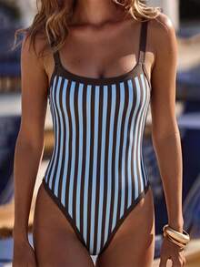 Swim Mod Women's New Striped Print Low Neck Adjustable Strap Backless Fitted Swimsuit, Suitable For Beach & Holiday, Spring/Summer - Multicolor - View 3