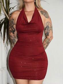 Arliah 女士新款性感露背褶饰腰部修身闪亮裹身裙，适合日常通勤、毕业典礼、独立日派对 - 酒紅色 - 查看 3