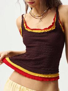 Bohemela 女款棕色條紋 Y2K 波希米亞風夏季度假紋理針織 2 合 1 上衣，拼色荷葉邊細肩帶背心 - 彩色 - 查看 5