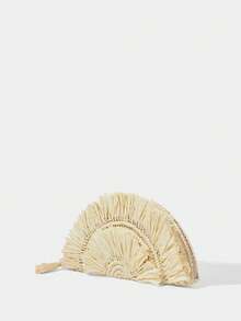 SHECARRY 女士手拿包，草编包，流苏，时尚，优雅，简约，个性化，适合海滩、度假、假日、夏季、海边 - 米白色 - 查看 2