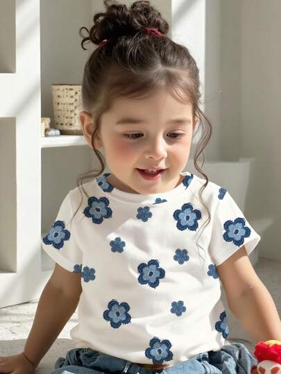 SHEIN 复古牛仔印花，修身休闲简约舒适圆领长袖T恤，适合春夏日常穿着、街头风、外出、居家、度假、返校、开学等场合，是春夏女孩外出穿搭的理想之选。轻松舒适，夏季休闲，时尚女孩，印花图案T恤，春夏时尚，休闲别致。