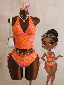 Swim Vcay Bộ bikini hai mảnh in hoa dành cho nữ, áo cổ yếm và quần bikini buộc dây có bèo nhún, thích hợp cho mùa hè. - Nhiều màu - Xem 1