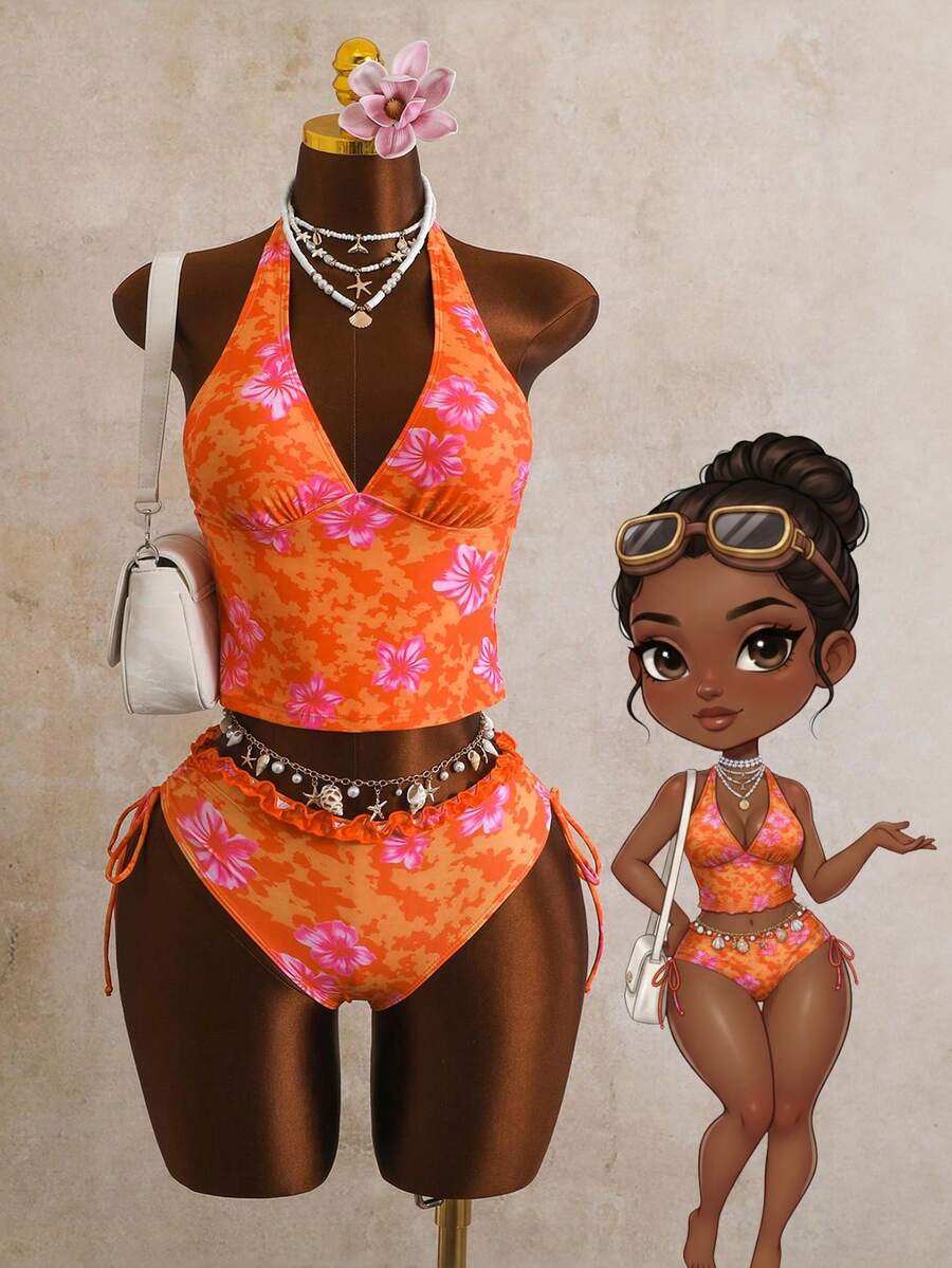 Swim Vcay Bộ bikini hai mảnh in hoa dành cho nữ, áo cổ yếm và quần bikini buộc dây có bèo nhún, thích hợp cho mùa hè. - Nhiều màu - Xem 1