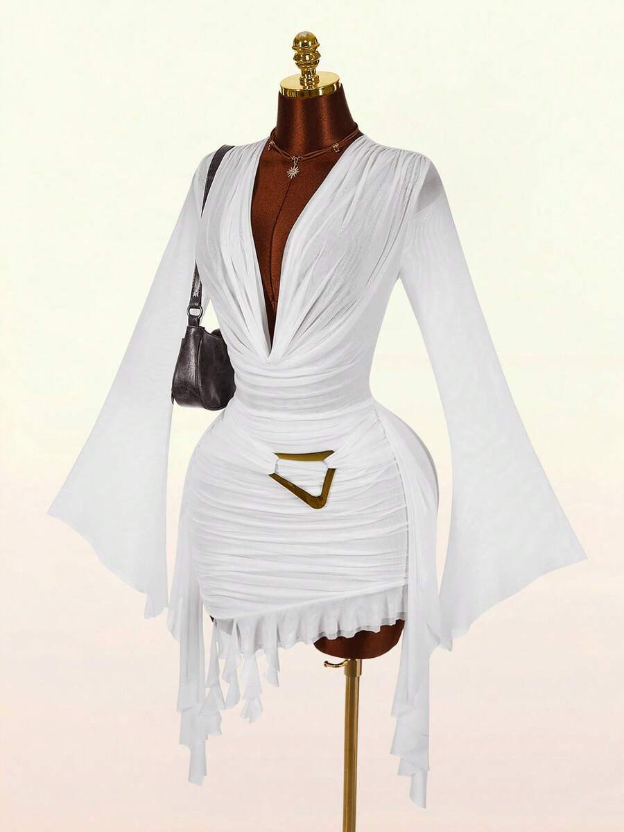 Amplova 女士长袖绿色修身无袖网纱迷你连衣裙，荷叶边设计和挂脖领口，适合秋冬季派对、新年、圣诞节、万圣节、情人节等场合穿着。 - 白色 - 查看 1