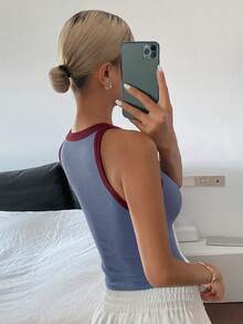 DAZY 女士拼接撞色基础款短款背心（夏季款） - 藍色 - 查看 4