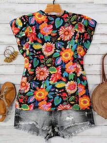 Linhara Colorful Floral Print V-Neck Ruffle Sleeve Blouse - Multicolor - View 2