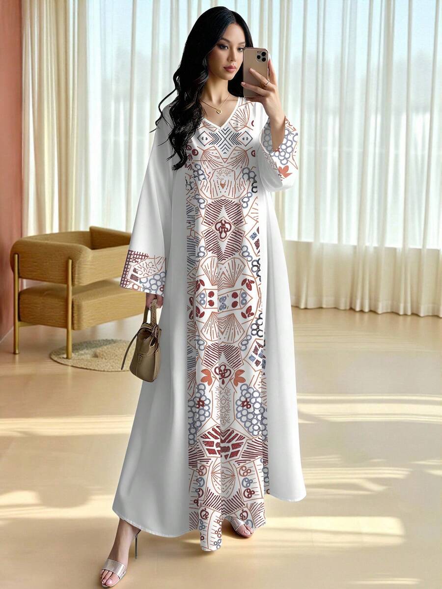 SHEIN Najma 紫色几何线条印花连衣裙，优雅V领长袖连衣裙，时尚夏季度假女装 - 彩色 - 查看 1