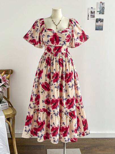 Soleia Große Größen Maxikleid für Damen mit Vintage-rotem Blume Muster, Rüschenärmeln und elastischer Taille, lässiges Sommerkleid geeignet für Urlaub, Schulanfang, gemütliches Mittagessen, Junggesellinnenabschied