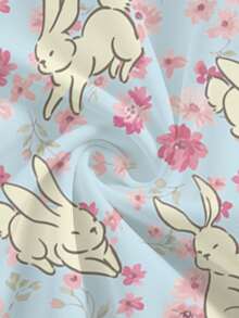 PopScrub 蓝色V领短袖双口袋可爱兔子图案，花卉蝴蝶结卡通印花设计护士医生工作服上衣，纯色宠物美容营养师实验服，多功能多口袋工作服，女士假日休闲装，女士衬衫，夏季女士上衣，复活节女士上衣，可爱 - 藍色 - 查看 5