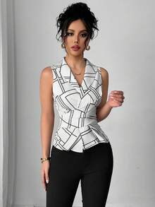 Elenzga Elegant Geometric Print Collared Pleated Sleeveless Blouse - White - View 3
