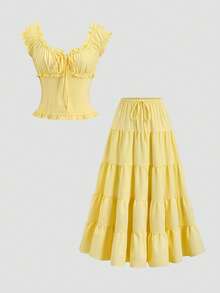 Sweetra Women's Casual Solid Color Top And Skirt 2 Pieces Set, Spring/Summer - Yellow - View 1