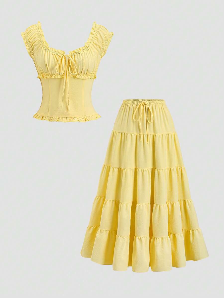 Sweetra Women's Casual Solid Color Top And Skirt 2 Pieces Set, Spring/Summer - Yellow - View 1
