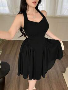 Women's Solid Color Pleated Elegant Waist Midi Dress, Suitable For Dates And Parties - Black - View 6