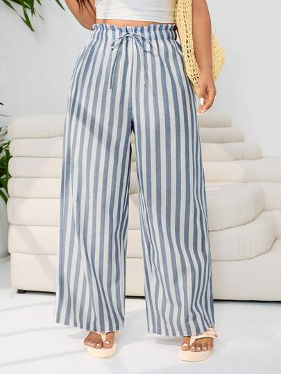 Muchica Plus Size Women Ruffle Waist Tie Striped Wide Leg Loose Pants