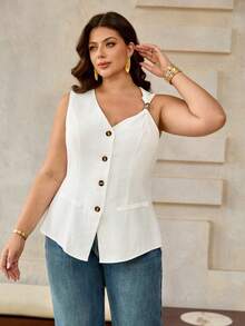 Franclia Plus Size Women's Solid V-Neck Open Front Button Fake Pocket Decor Single Side Pearl Embellished Sleeveless Top Vest, White, Summer, Office - White - View 6
