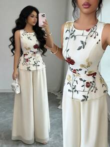 Elenzga Women's Sleeveless Elegant Casual Commute Outdoor Vest & Shiny Pants Two Pieces Set, Summer Outfit - Apricot - View 8