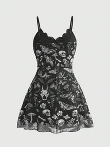 ROMWE Dark Floral Bohemian Romantic Gothic Skull & Horns Print Loose Fit Spaghetti Strap Mini Dress For Women - Black - View 2