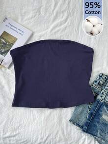 Tseoso 95% Cotton Women Tube Top Tight Casual Shirt, Suitable For All Seasons, Navy Blue - Navy Blue - View 12