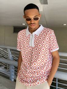 Ngobest Haus Ngobest Haus 男士幾何印花1/4拉鍊POLO衫 - 棕色 - 查看 5