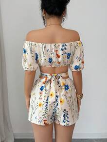 Elenzga 女士休闲优雅杏色碎花露肩系带修身连体裤，春夏款 - 彩色 - 查看 2