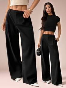 SHEIN PETITE 女士休闲优雅纯色口袋宽松裤，黑色裤子 - 黑色 - 查看 1