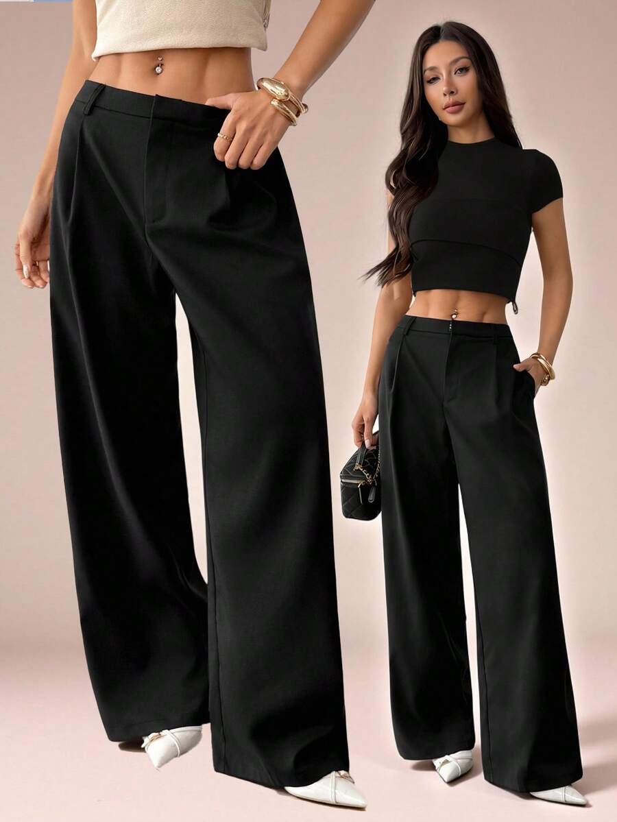 SHEIN PETITE 女士休闲优雅纯色口袋宽松裤，黑色裤子 - 黑色 - 查看 1