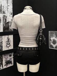 Jeanoix Women's Sexy Y2K Style Tight Graphic Print V-Neck T-Shirt - Grey - View 2