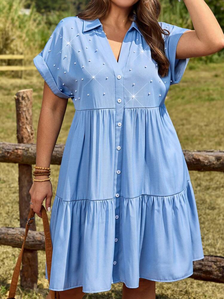 Plus Size Women's Summer Casual Vacation Country  Solid Color Blue Faux Pearl Decor Short Sleeve Single-Breasted Casual Shirt Dress,SCasual Holiday Style,Summer Outfits For Women ,Vacation Outfits Women ,Holiday Outfits For Women,Going Out Outfits,New Clothes,Simple And Fashionable For Everyday Wear,Suitable For Summer, Vacation, Daily Wear, Festival Outfits For Women,Country Concert Outfit,Beach Outfits For Women,Western Style,Flowy Dress,Gifts For Mother,Boho Dress, Faux Denim Dress