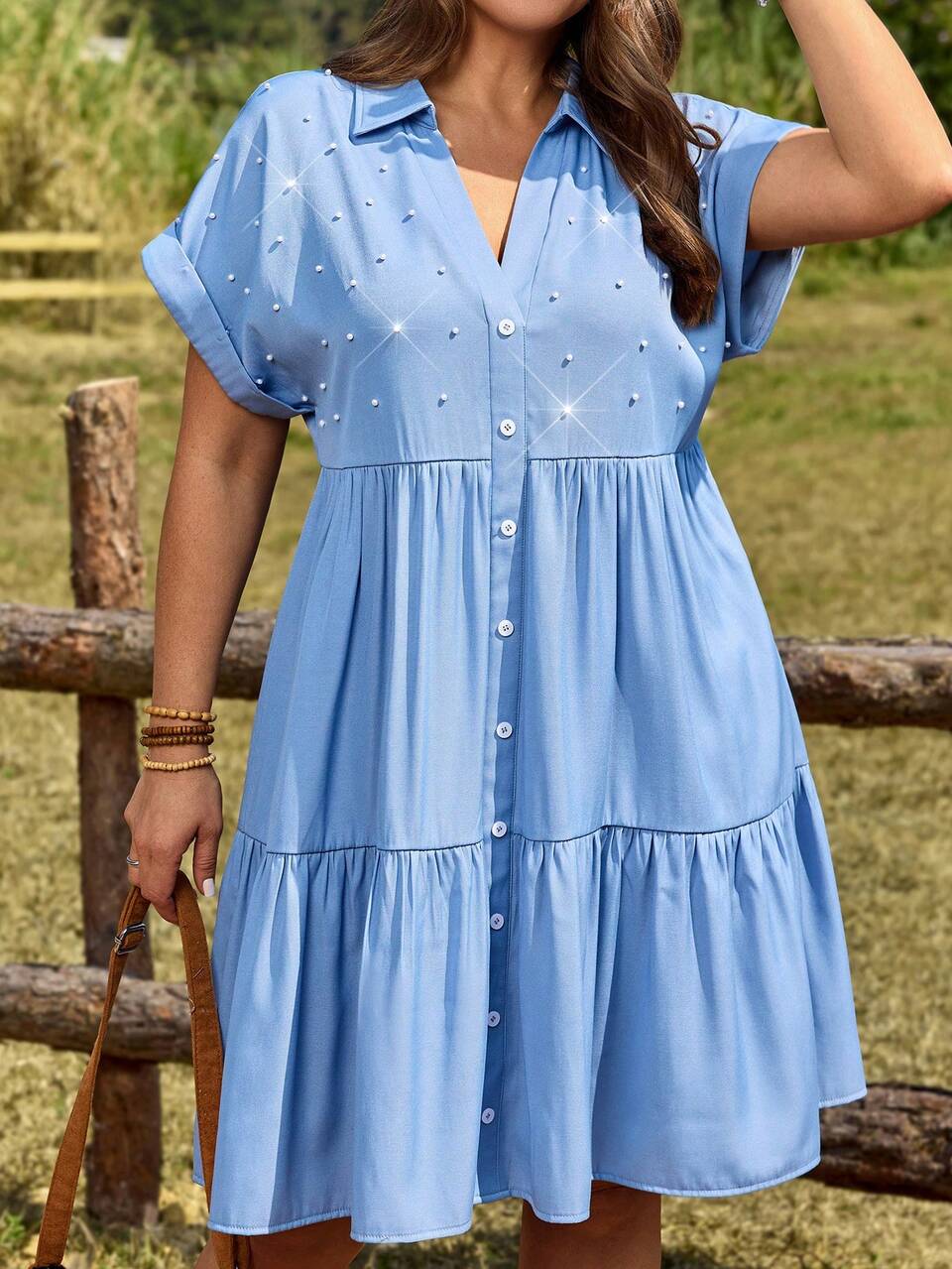 Plus Size Women's Light Blue Elegant Faux Pearl Decor Short Sleeve Single-Breasted Shirt Dress, Autumn Holiday Tea Party Boho Flowy Faux Denim Dress