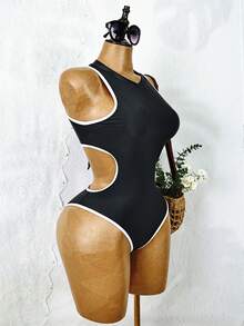 Swim SPRTY High-End Black & White Contrast Color One-Piece Swimsuit, Slimming & Flattering, Halter Backless Design, Suitable For Vacation, Hot Spring Swimming - Black - View 10