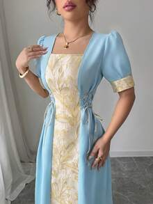 Elenzga 优雅提花拼接抽绳系领连衣裙（女款） - 藍色 - 查看 3