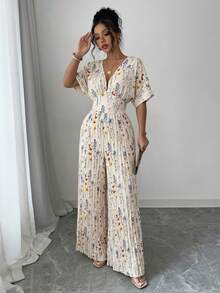 Elenzga Printed Deep V-Neck Batwing Sleeve Pleated Elegant Women Jumpsuit - Apricot - View 3