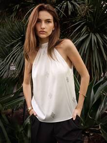 Maija 系带缎面露肩吊带上衣 - 白色 - 查看 1