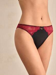 Charlaine Calcinha feminina de cetim vermelho vinho com detalhes em renda e patchwork (1 peça) - Borgonha - Ver 4