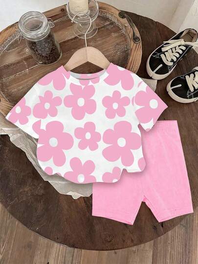 SHEIN Vintaside Kids 1 Set Baby Girls' Casual Cute Floral Print Short Sleeve Round Neck T-Shirt And Shorts Set, Suitable For Spring To Summer Outings And Vacations