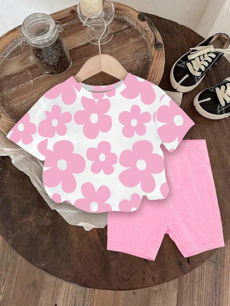 SHEIN Vintaside Kids 一套女婴休闲可爱碎花印花短袖圆领T恤和短裤套装，适合春夏季外出和度假。 - 彩色 - 查看 1