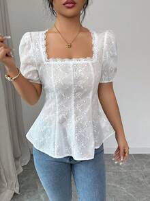 Modelyn 优雅刺绣花卉饰边女士衬衫 - 白色 - 查看 8