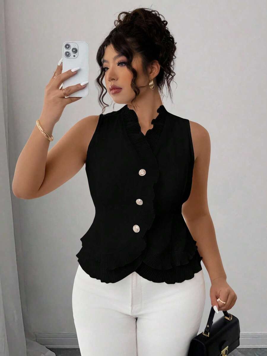 Elenzga Plus Size Women Sleeveless Waist Cinching Lotus Ruffle Blouse - Black - View 1