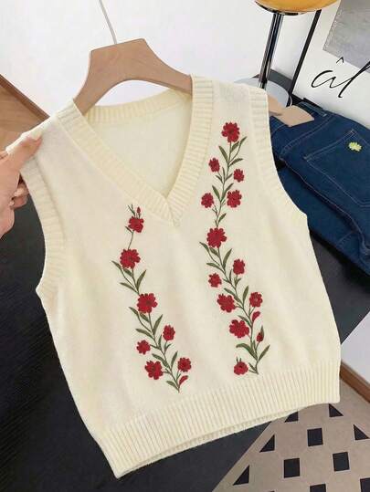 Franclia 2025 Spring/Summer New Layered Design Retro Floral V-Neck Women Knit Vest Top